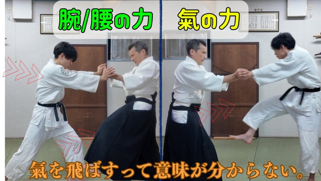 腕や腰の力ではなく、氣を通すことで相手が動く合氣道の身体操作を比較。氣の原理に基づく技の実演